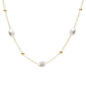 Collier en acier PVD dor� perles blanches ovales imitation 44+5cm - Vue 2