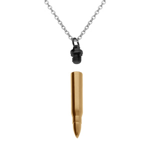 Collier en acier avec pendentif en acier dor� jaune et PVD noir balle de fusil porte poudre (7 x 43mm),  55+5cm - Vue 2