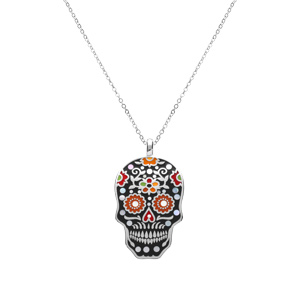 Collier Stella Mia en acier pendentif  t�te de mort r�sine multi couleur et nacre  - 45+10cm - Vue 2