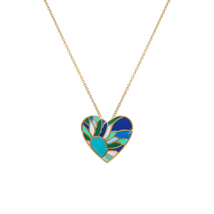 Collier Stella Mia en acier dor� pendentif  coeur r�sine bleu-vert    -  45+10cm - Vue 2