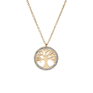 Collier en acier PVD dor� pendentif arbre de vie r�sine et strass 39+4cm - Vue 2