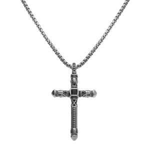 Collier en acier maille jaseron avec pendentif croix 45 x 27mm et oxyde noir sertis,  55cm - Vue 2