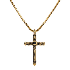 Collier en acier dor� maille jaseron avec pendentif croix 45 x 27mm en oxyde noir sertis 55cm - Vue 2