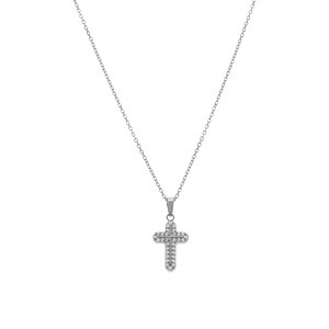 Collier en acier avec pendentif croix (15 x 10mm) orn�e d\'oxydes blancs sertis 42+5cm - Vue 2
