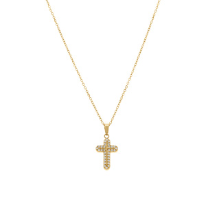 Collier en acier dor� avec  pendentif croix 15 x 10mm orn�e d\'oxydes blancs sertis,  42+5cm - Vue 2