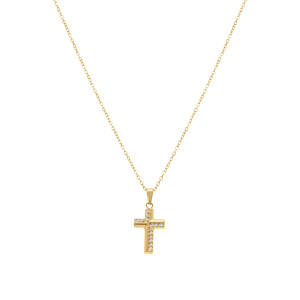 Collier en acier dor� avec pendentif de 15 x 10mm motif croix avec oxydes blancs sertis 42+5cm - Vue 2