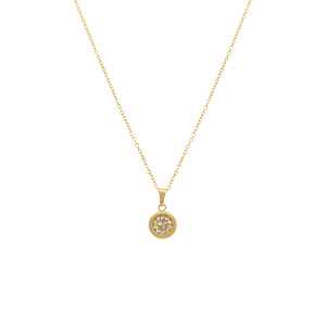 Collier en acier dor� avec pendentif rond et oxydes blancs sertis,  42+5cm - Vue 2