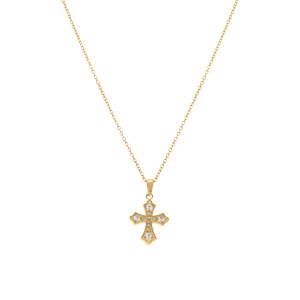 Collier en acier dor� avec pendentif croix et oxydes blancs sertis, 42+5cm - Vue 2