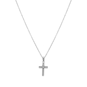 Collier en acier avec pendentif croix droite (15 x 10mm) avec coeur d\'oxydes blancs sertis, 42+5cm - Vue 2