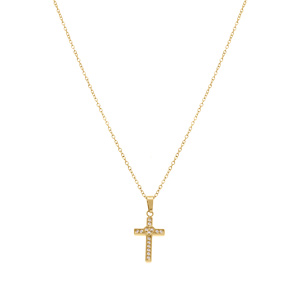 Collier en acier dor� avec pendentif croix droite 15 x 10mm avec coeur et oxydes blancs sertis,  42+5cm - Vue 2