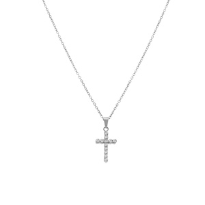 Collier en acier avec pendentif croix (15 x 10mm) et  oxydes blancs sertis clos, 42+5cm - Vue 2