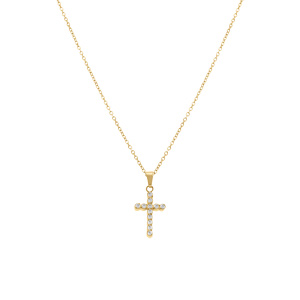 Collier en acier dor� avec pendentif croix 15 x 10mm avrc oxydes blancs sertis clos 42+5cm - Vue 2