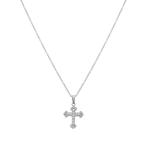Collier en acier avec pendentif croix stylis� (15 x 12mm)orn�e d\' oxydes blancs sertis  42+5cm - Vue 2