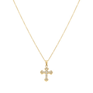 Collier en acier dor� avec pendentif croix stylis� 15 x 12mm oxydes blancs sertis, 42+5cm - Vue 2
