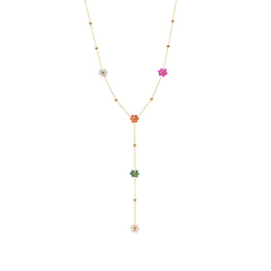 Collier en acier dor� forme Y avec cha�ne boules et fleurs multi couleurs jade et quartz - 42+6cm - Vue 2