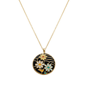 Collier  Stella Mia en acier dor� jaune avec pendentif rond fleur fond r�sine noire  - 45+10cm - Vue 2