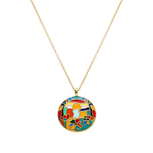 Collier  Stella Mia en acier dor� jaune avec pendentif  rond r�sine multi couleur  - 45+10cm - Vue 2