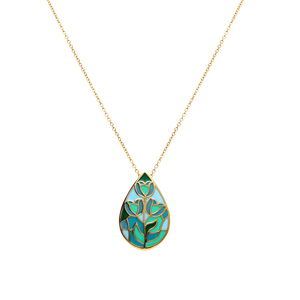 Collier  Stella Mia en acier dor jaune forme goutte rsine bleu vert  - 45+10cm - Vue 2