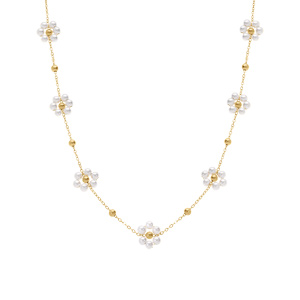Collier en acier dor� jaune avec fleurs de perles blanches imitation, 40+5cm - Vue 2