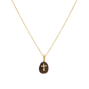 Collier en acier dor� avec pendentif oeil de tigre marron v�ritable avec,croix,  40+6cm - Vue 2