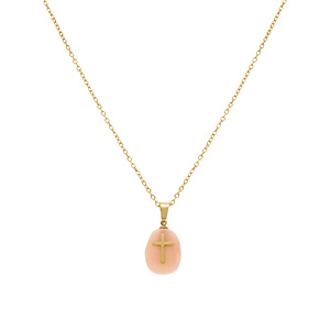 Collier en  acier dor� avec pendentif quartz rose v�ritable avec croix, 40+6cm - Vue 2