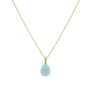 Collier en acier dor� avec pendentif dumortherite v�ritable avec motif croix,  40+6cm - Vue 2