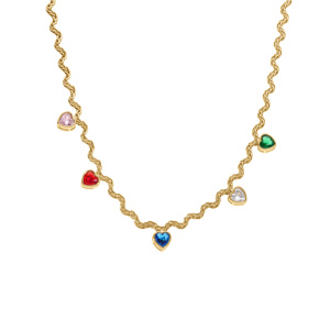 Collier en acier dor� maille corde rigide avec coeurs d\'oxydes multi couleurs  - 41+5cm - Vue 2