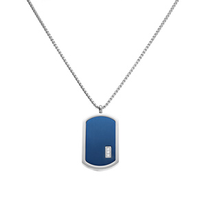 Collier acier pendentif rectangulaire PVD bleu 30 x 17mm pans arrondi avec 3 oxydes blancs r�glable 50 � 55cm - Vue 2