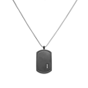 Collier acier pendentif rectangulaire PVD noir 30 x 17mm pans arrondi avec 3 oxydes blancs r�glable 50 � 55cm - Vue 2