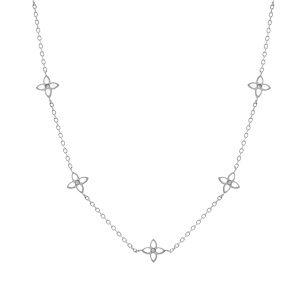 Collier en acier trois fleurs r�sine blanche, 40+5cm - Vue 2