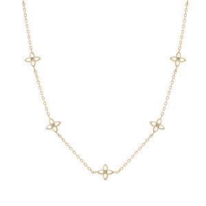 Collier en acier dor� trois fleurs en r�sine blanche,  40+5cm - Vue 2