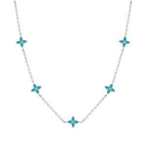 Collier en acier fleurs r�sine turquoise  - 40+5cm - Vue 2