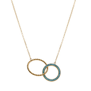Collier en acier dor� double cercles l\'un torsad� et l\'autre en r�sine et strass bleus, 40+50cm - Vue 2