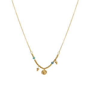 Collier en acier dor� avec pampilles pastille lisse et boule et deux  boules bleues,  40+5cm - Vue 2