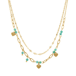 Collier en acier dor� deux  rangs coeurs lisses et agates bleues,  39+5cm - Vue 2