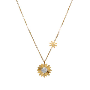 Collier en acier dor� fleur avec strass blancs, 42+5cm - Vue 2
