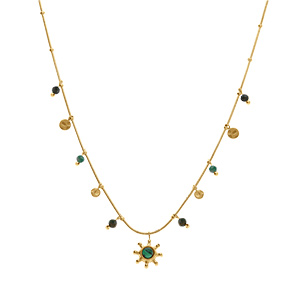 Collier en acier dor� pampilles boules de couleur et pendentif soleil malachite v�ritable  - 39+5cm - Vue 2