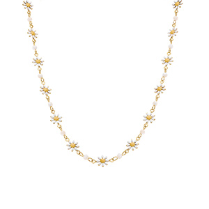 Collier en acier dor� fleurs r�sine blanche et jaune avec boules nacre blanche v�ritable  -35+5cm - Vue 2