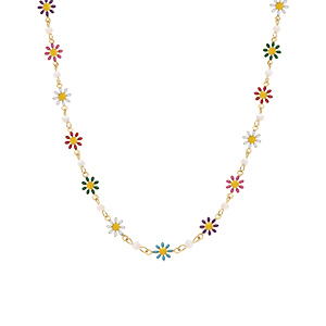 Collier en acier dor avec fleurs rsine multi couleurs et boules de nacre blanche vritable - 35+5cm - Vue 2