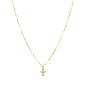 Collier en acier dor� pendentif croix (0.8x0.5mm) avec oxydes blancs sertis  - 38+5cm - Vue 2