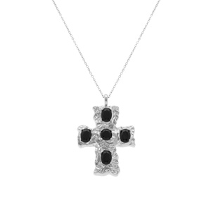 Collier en acier cha�ne maille forcat avec pendentif croix 33mm orn� d\'oxydes noirs - 40+10cm - Vue 2