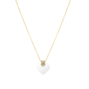 Collier en acier dor� pendentif coeur bomb� c�ramique blanche - 43.5+5cm - Vue 2