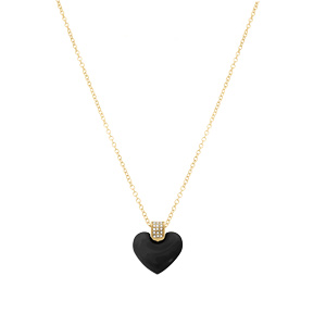 Collier en acier dor� pendentif coeur bomb� c�ramique noire et b�liere orn�e d\'oxydes blancs- 43.5+5cm - Vue 2