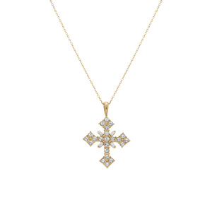 Collier en acier dor� cha�ne maille forcat avec pendentif croix stylis� 32mm orn� d\'oxydes blancs -45+10cm - Vue 2