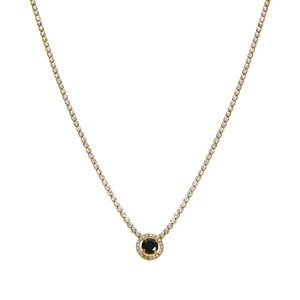 Collier en acier dor� cha�ne rail d\'oxydes blancs sertis et pendentif rond oxyde noir et contour blanc - 38+5cm - Vue 2