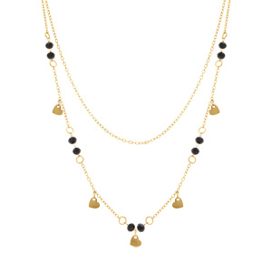 Collier en acier dor� deux rangs coeurs lisses et oxydes noirs facet�s  - 39+5cm - Vue 2