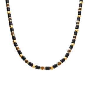 Collier en acier dor� oeil de tigre et agate noire - 45+10cm - Vue 2
