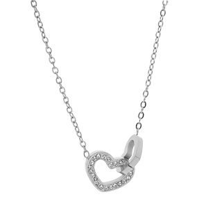 Collier en acier cha�ne avec pendentif double coeur oxydes blancs sertis 39+5cm - Vue 2