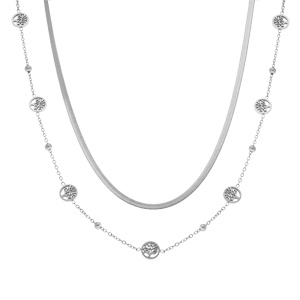 Collier en acier deux rangs une cha�ne plate et l\'autre boules motif arbre de vie  - 40+6cm - Vue 2