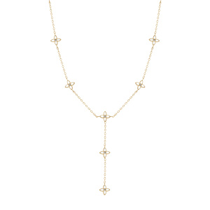 Collier en acier dor� fleurs cravate r�sine blanche  - 40+5cm - Vue 2